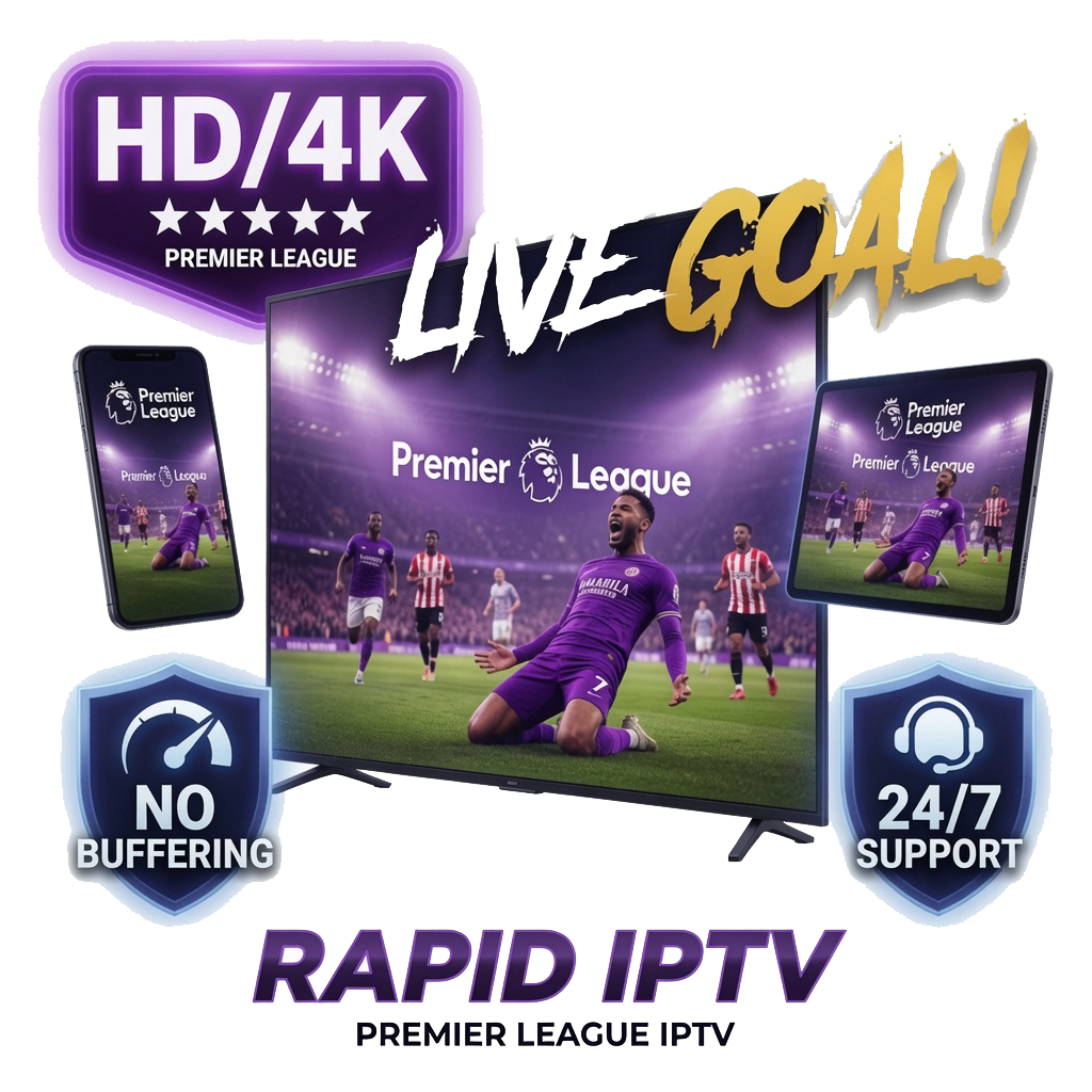 Promotional banner for Rapid IPTV offering HD/4K Premier League live streaming on TV and mobile with no buffering and 24/7 support.